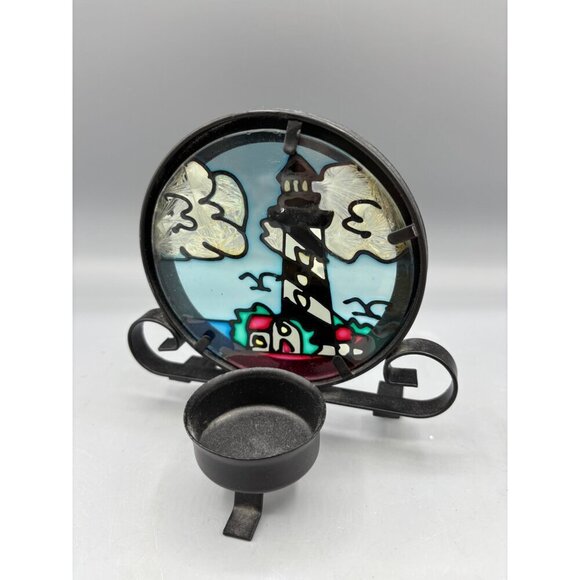 Stained Glass Lighthouse Tea Light Holder Black Metal Stand Coastal Decor - Picture 4 of 5